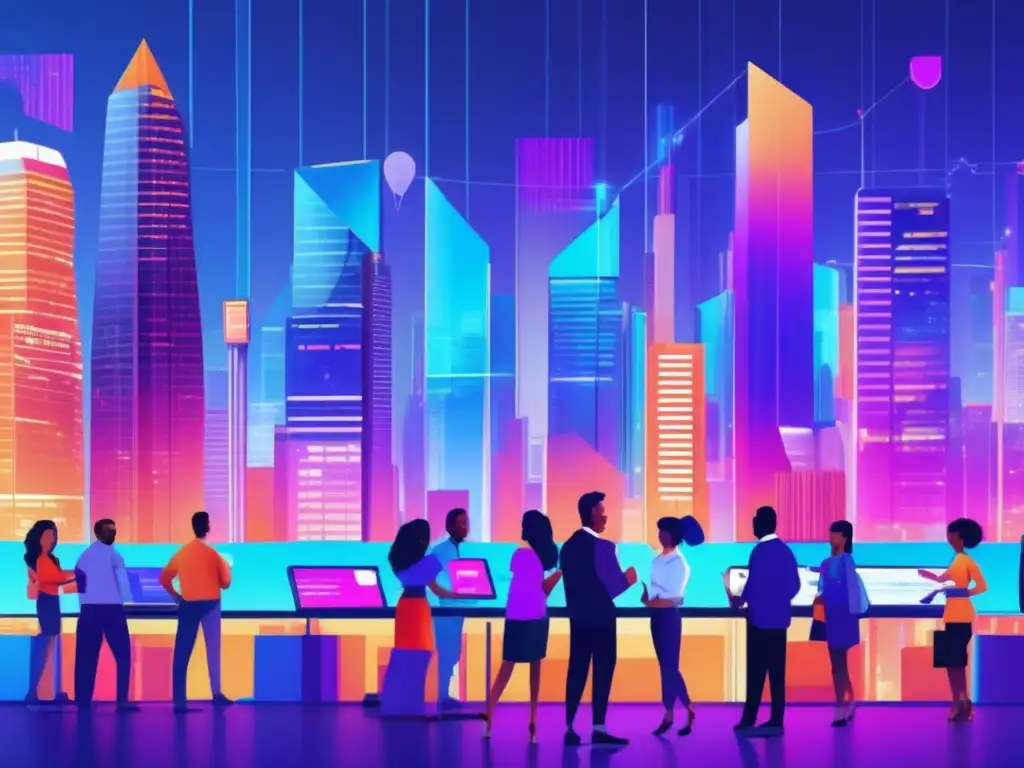 Futuro de las inversiones: ciudad vibrante, diversidad y colaboración Beneficios inversión Bolsa para impacto social, ciudad futurista con rascacielos de vidrio y acero, personas discutiendo y hologramas de sectores