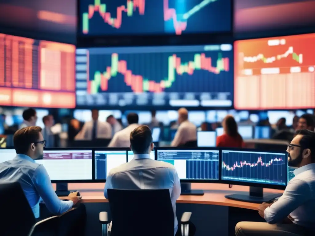 Traders ocupados en una moderna sala de operaciones bursátiles Beneficios del Índice de Vigor Relativo en inversiones: traders ocupados, análisis de datos, decisiones informadas en la bolsa de valores