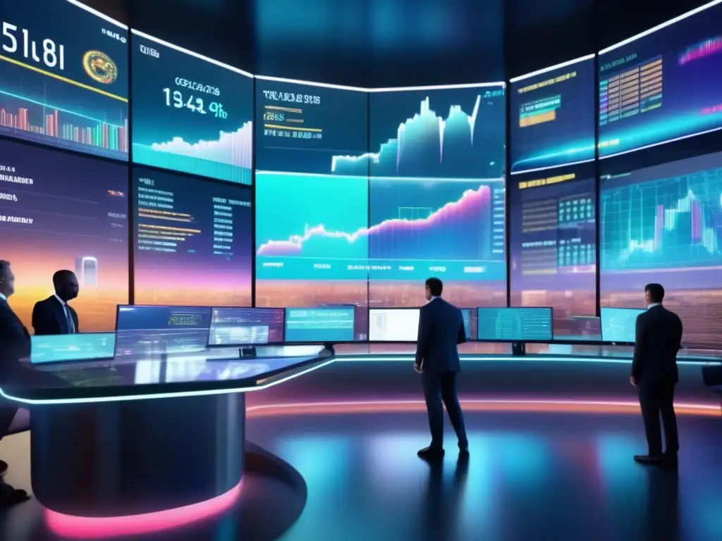Futuro mercado financiero holográfico Beneficios del Índice de Vigor Relativo en inversiones: Futuro financiero ultradetallado con hologramas y traders analizando datos