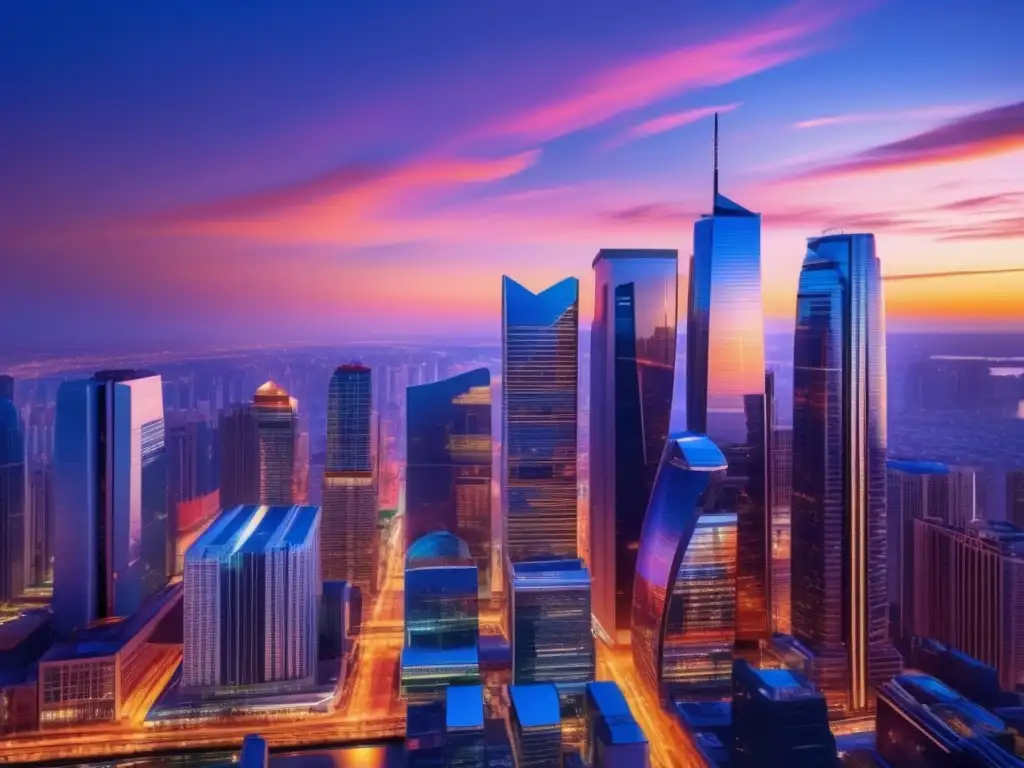 Ciudad moderna al atardecer: inversión urbana en auge Beneficios inversión inmobiliaria: Ciudad moderna al atardecer, rascacielos reflejando colores del atardecer en fachadas de cristal