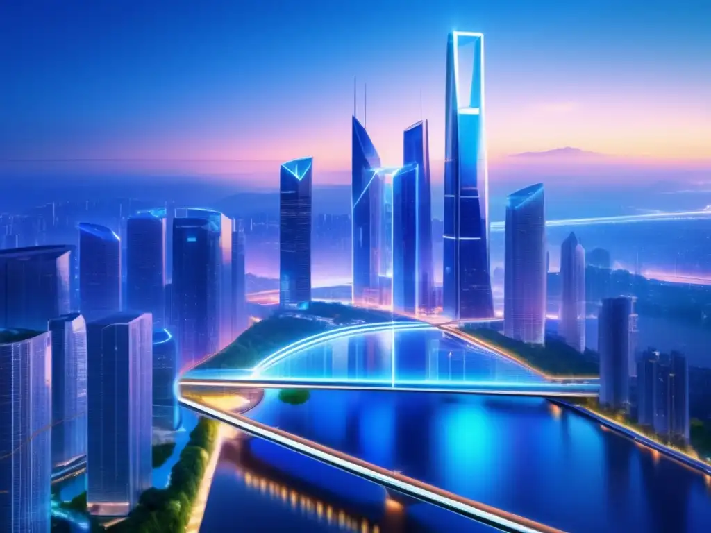 Futuroso paisaje urbano blockchain 8k Beneficios inversión inmobiliaria con tecnología Blockchain