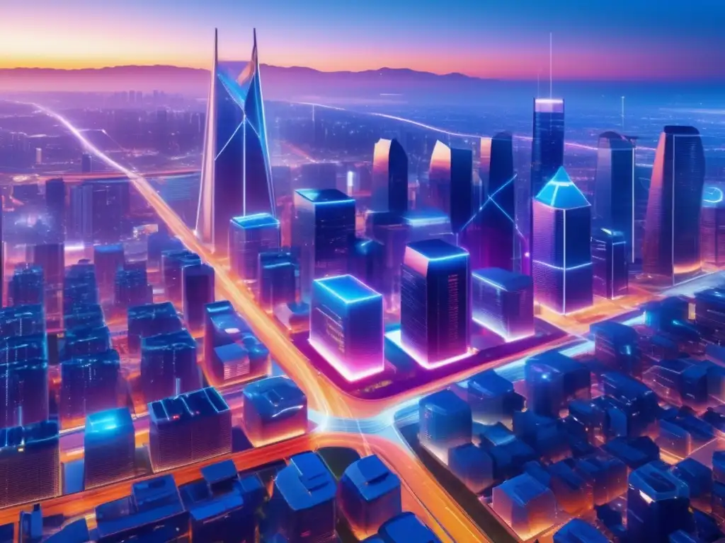 Ciudad futurista con blockchain Beneficios inversión inmobiliaria con tecnología Blockchain: ciudad futurista con rascacielos, innovación y progreso
