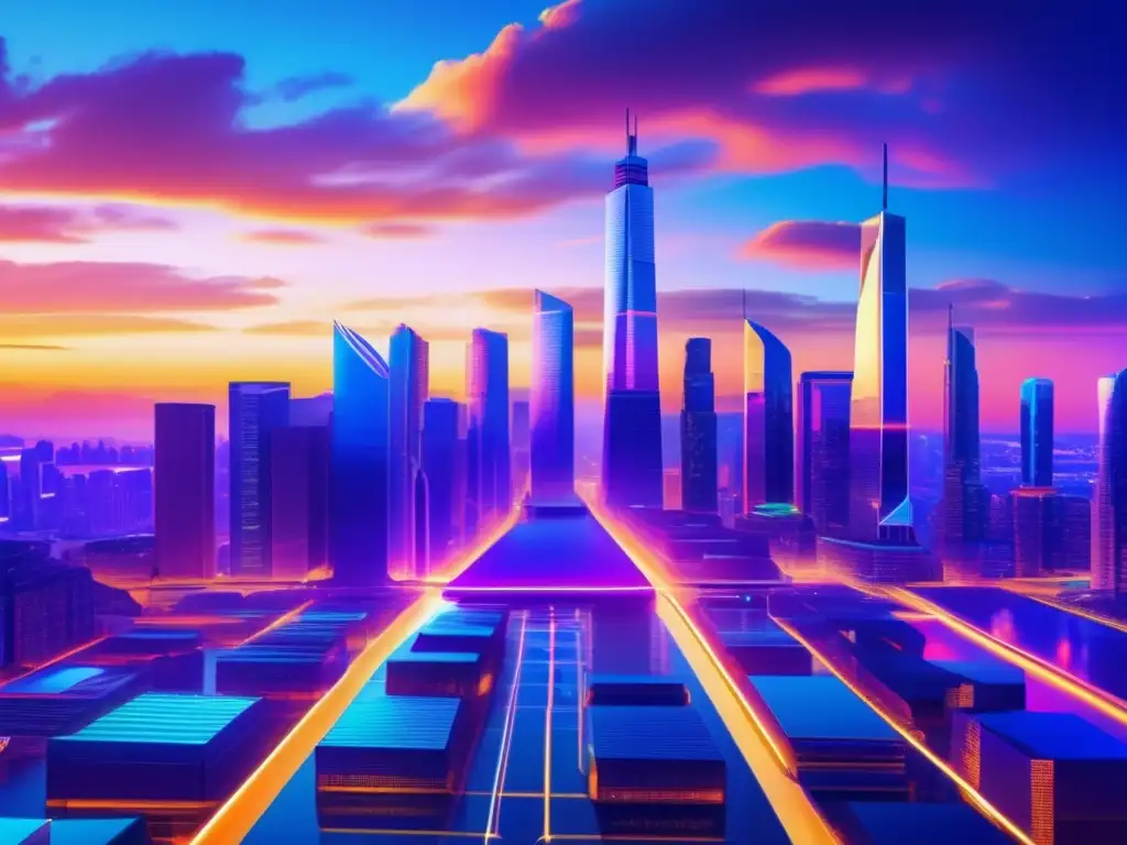 Ciudad futurista con blockchain y rascacielos Beneficios inversión inmobiliaria con tecnología Blockchain