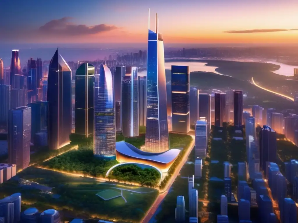 Ciudad moderna al atardecer, inversión en bienes raíces Beneficios invertir en inmuebles: ciudad moderna al atardecer, inversión rentable, profesionales diversificados, progreso y prosperidad