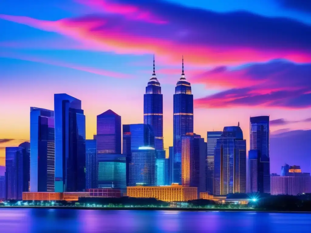 Ciudad moderna al atardecer Beneficios invertir inmuebles: Ciudad moderna, rascacielos iluminados al atardecer, símbolo prosperidad urbana