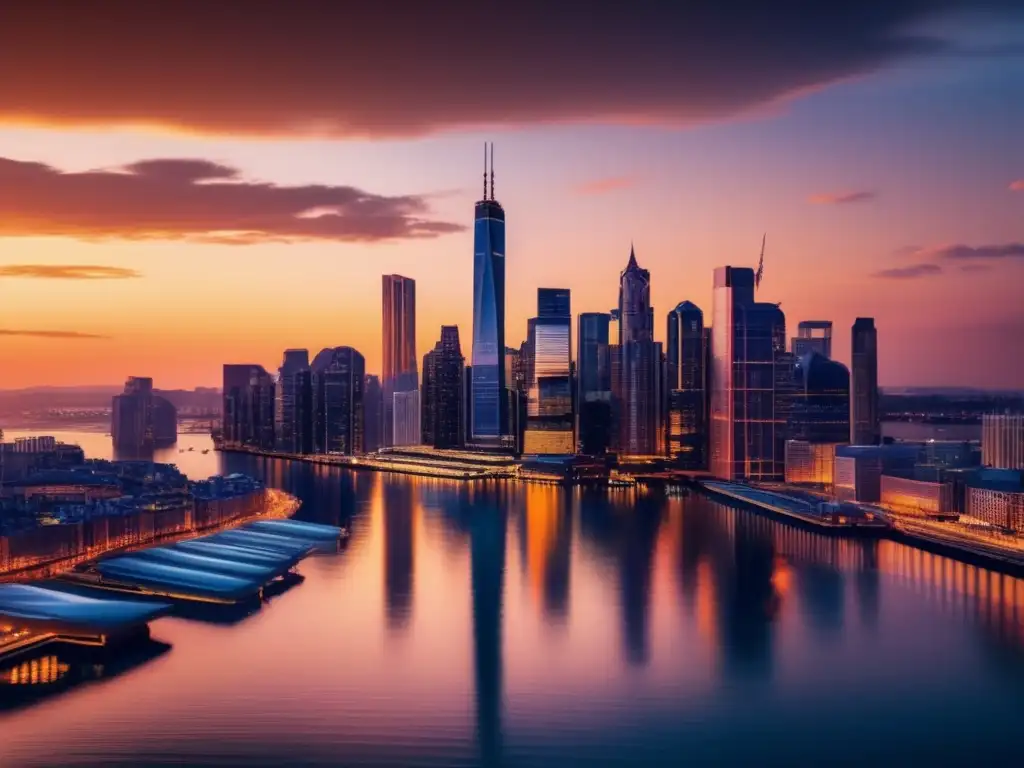 Ciudad moderna al atardecer Beneficios invertir inmuebles: ciudad vibrante con rascacielos, reflejos dorados en el agua, atardecer espectacular