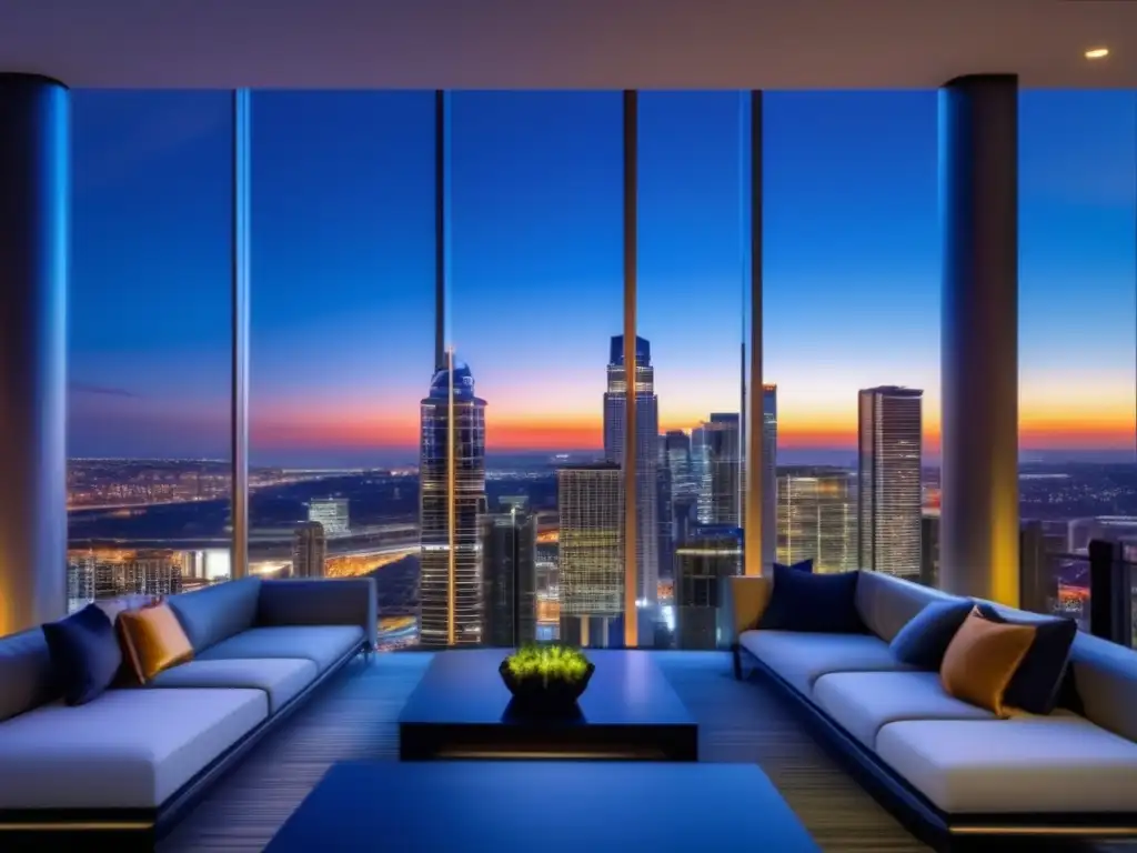 Moderna ciudad iluminada al anochecer Beneficios de invertir en inmuebles: impactante imagen de una ciudad moderna al atardecer, con rascacielos iluminados y un cielo vibrante