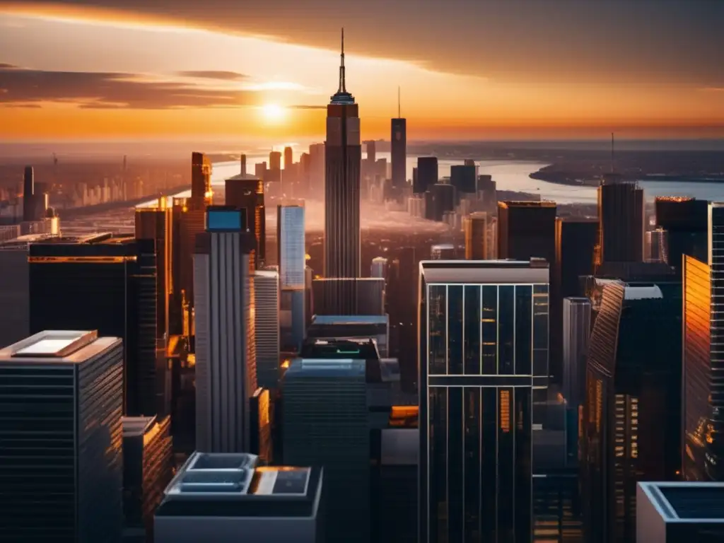 Ciudad moderna con rascacielos de cristal reflejando la puesta de sol Beneficios inversión inmobiliaria: moderna ciudad con rascacielos de vidrio reflejando el atardecer dorado, autos lujosos y vida urbana vibrante