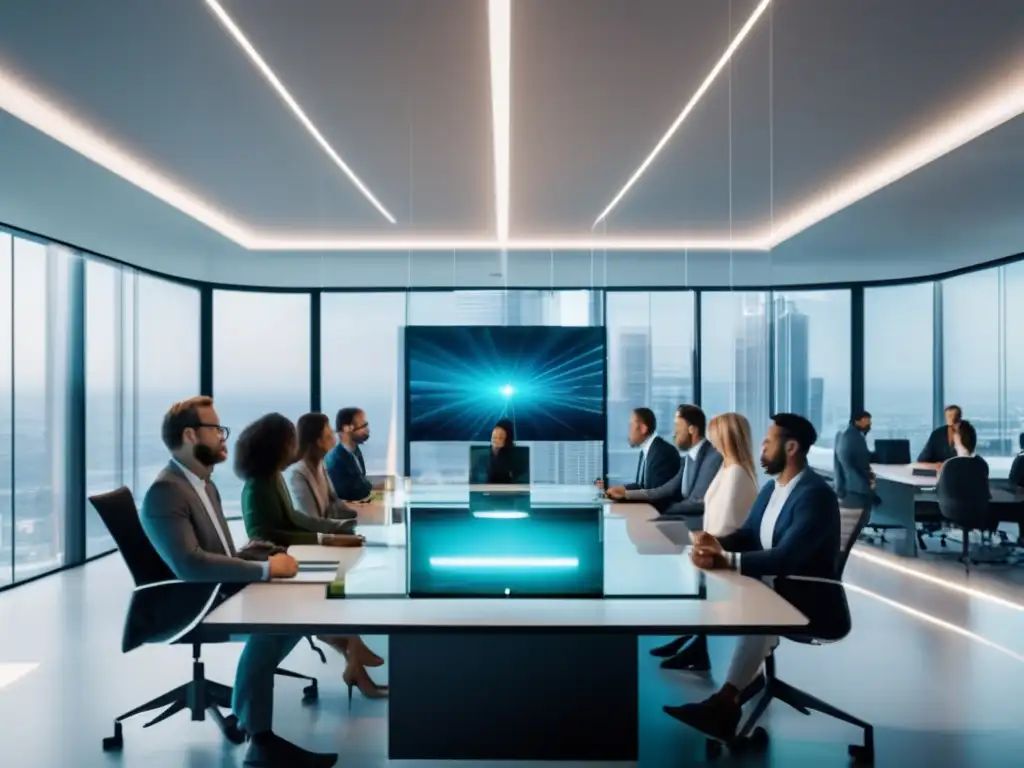 Profesionales discuten tecnología blockchain Beneficios de la inversión inmobiliaria con tecnología Blockchain: profesionales en una oficina moderna discutiendo y visualizando una red blockchain