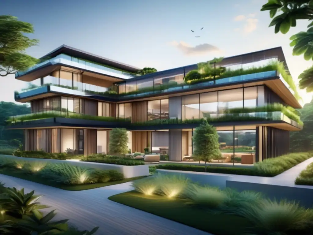 Edificio moderno LEED con paisaje verde Beneficios de certificación LEED en inversiones: Edificio moderno con diseño arquitectónico sustentable y entorno verde ecoamigable
