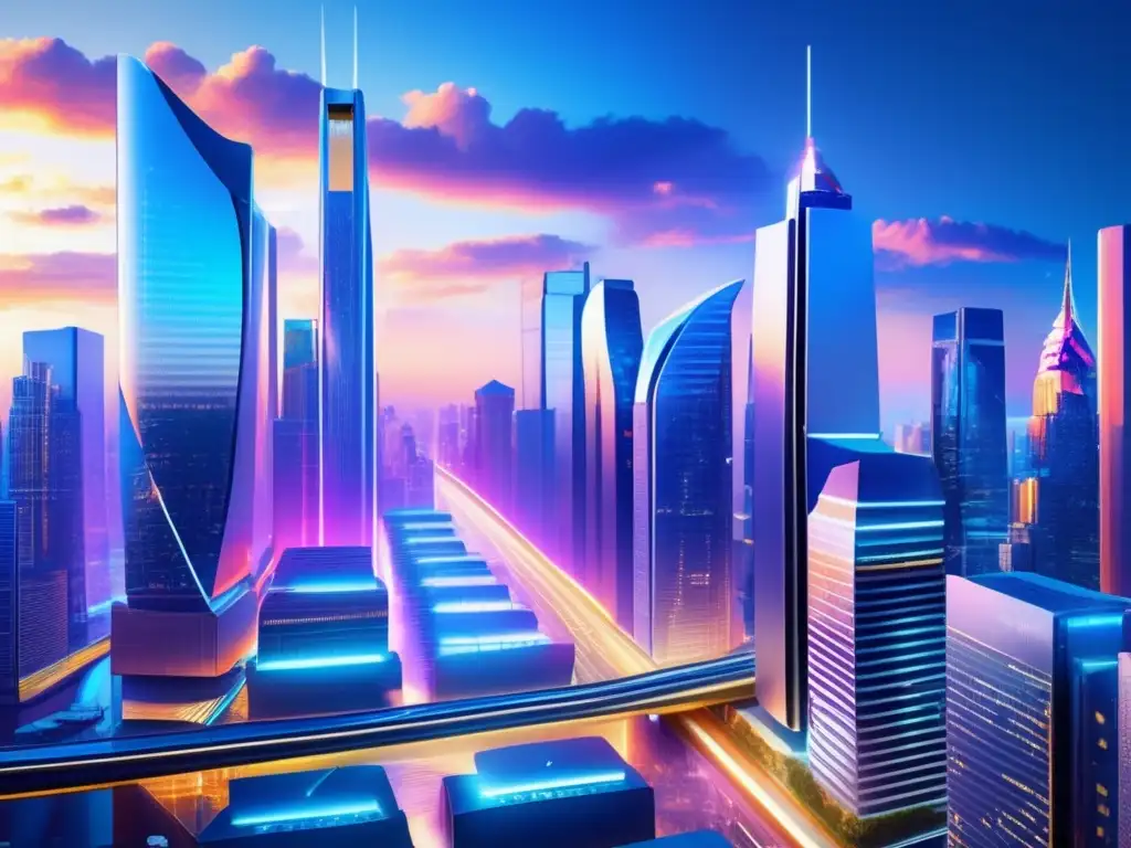 Futurista ciudad financiera con IA Beneficios IA en inversiones: Futurista ciudad financiera: arquitectura avanzada, rascacielos y vehículos autónomos