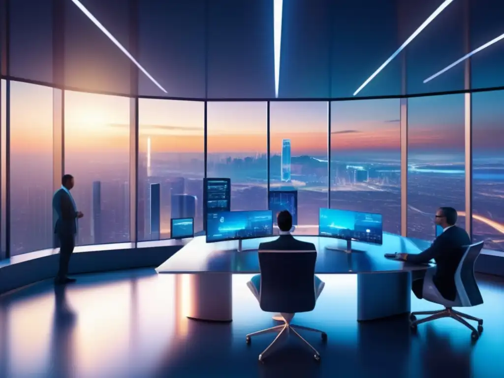 Futuro trading floor con tecnología AI y criptomonedas Beneficios IA en inversiones: Futuro trading con tecnología avanzada, holografía, criptomonedas y traders analizando datos en tiempo real
