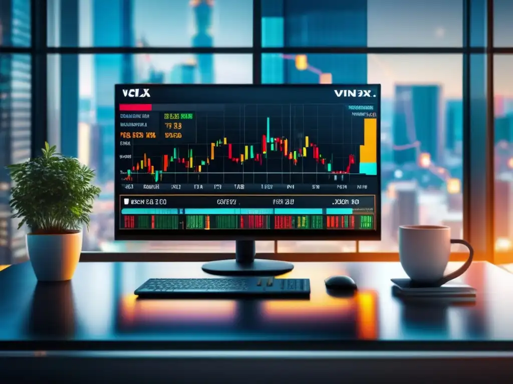 Elegante escritorio de trading con VIX y pantalla de stock Beneficios de usar VIX en inversiones: moderno y elegante escritorio de trading con gráficos y datos en tiempo real