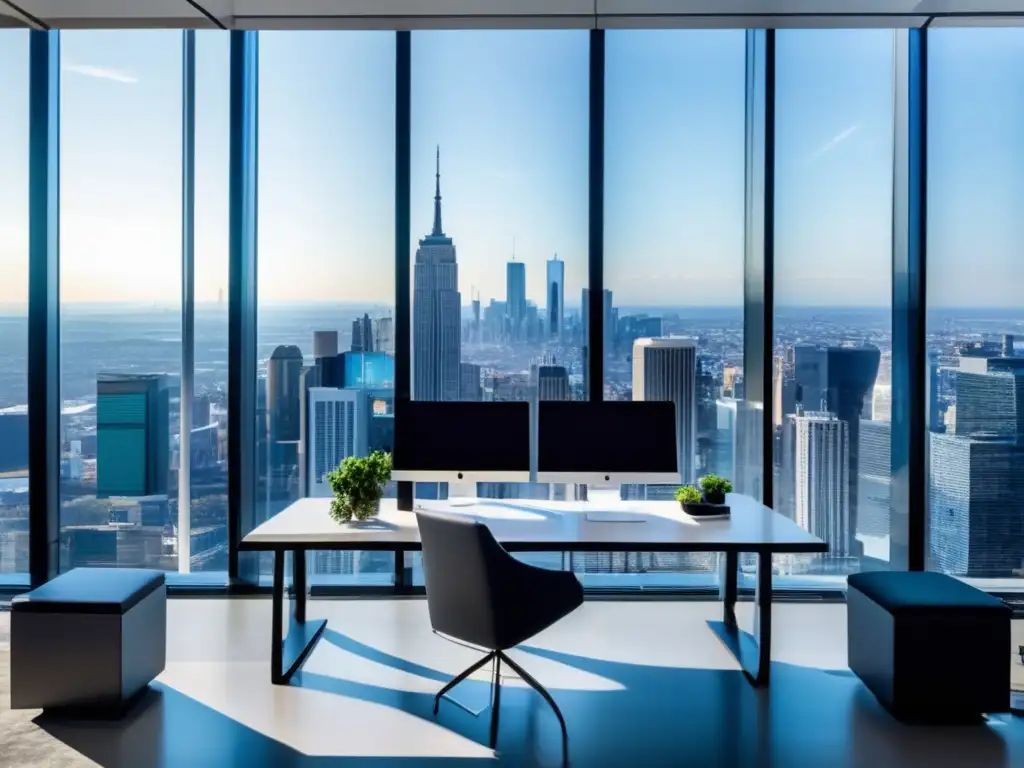 Oficina moderna con vista panorámica de la ciudad Beneficios IA en inversiones, oficina moderna con vista panorámica de una ciudad, espacio elegante y minimalista