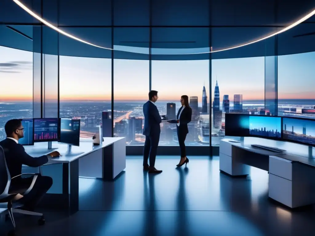 Oficina moderna con tecnología avanzada y vista panorámica de la ciudad Beneficios cloud computing en inversiones: Oficina moderna, equipo tecnológico, profesionales analizando datos
