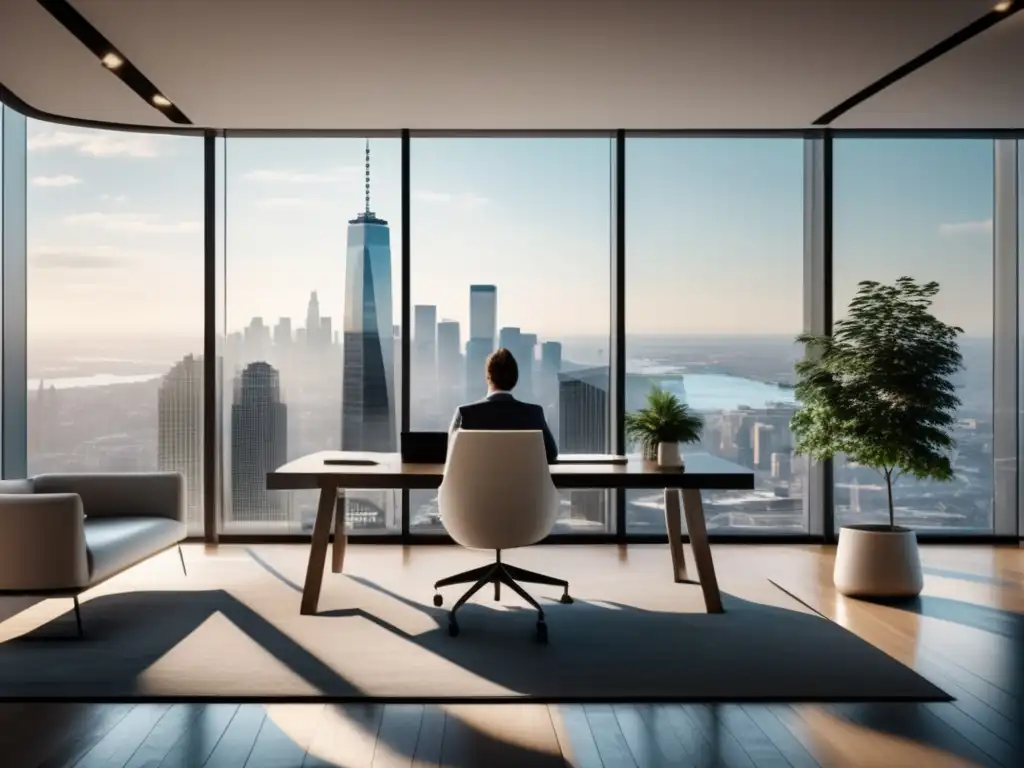 Oficina moderna con vista panorámica Beneficios meditación en inversiones: oficina moderna y tranquila, luz natural, persona meditando