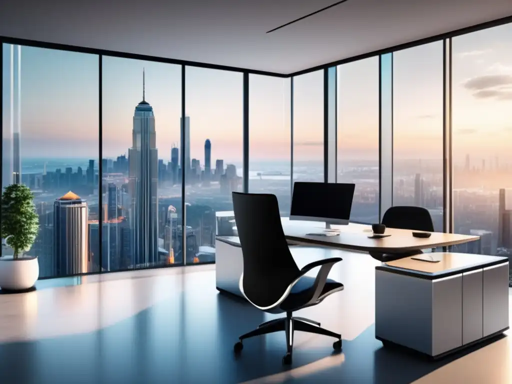 Oficina moderna con vista panorámica Beneficios de los RoboAdvisors en inversiones: Oficina moderna con vista panorámica de la ciudad, escritorio futurista y gráficos financieros