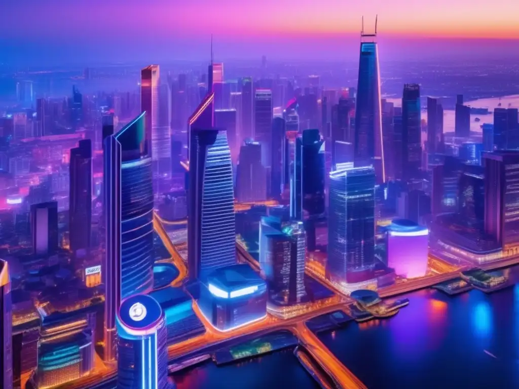 Ciudad innovadora y vibrante Beneficios de diversificar inversiones en startups: Ciudad futurista y vibrante, con rascacielos iluminados por luces de neón