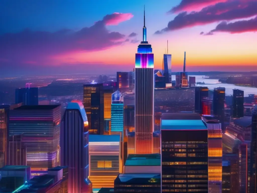 Vibrante ciudad al atardecer con profesionales discutiendo Beneficios de diversificar inversiones en startups e ICOs - Ciudad vibrante al atardecer, con rascacielos iluminados y profesionales discutiendo