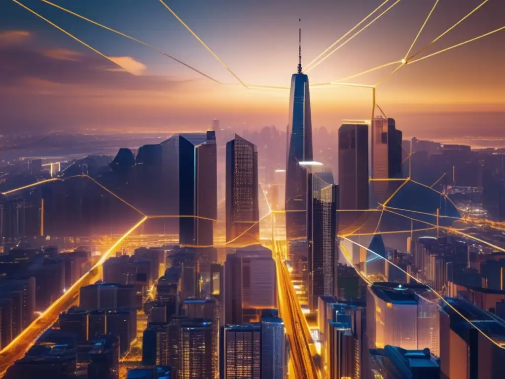 Oportunidades de inversión en DeFi Beneficios DeFi para inversionistas - Ciudad en 8k con rascacielos y nodos digitales interconectados, simbolizando oportunidades de inversión en DeFi