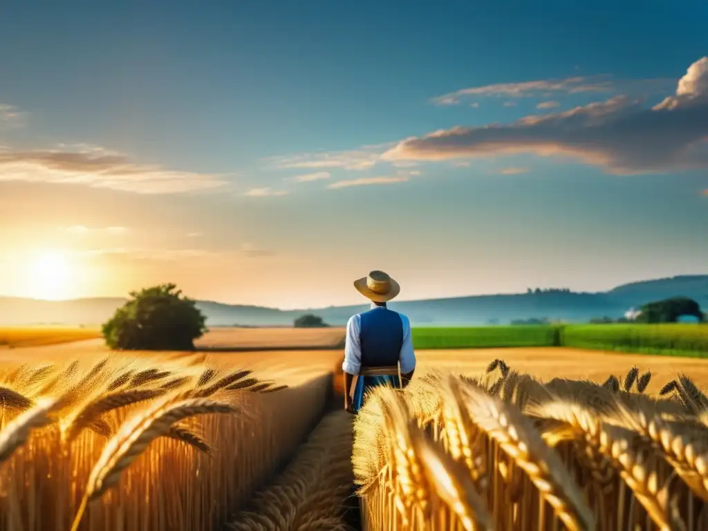 Campo agrícola fértil y abundante Beneficios de invertir en materias primas: Campo agrícola exuberante, cultivos dorados y agricultor orgulloso en la cosecha
