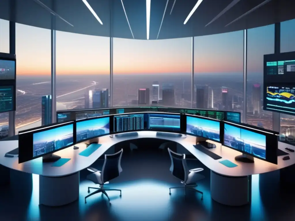 Futuro trading floor con Bollinger Bands Beneficios de Bollinger Bands en mercados volátiles: Imagen de una sala de trading futurista con traders analizando datos de mercado y gráficos
