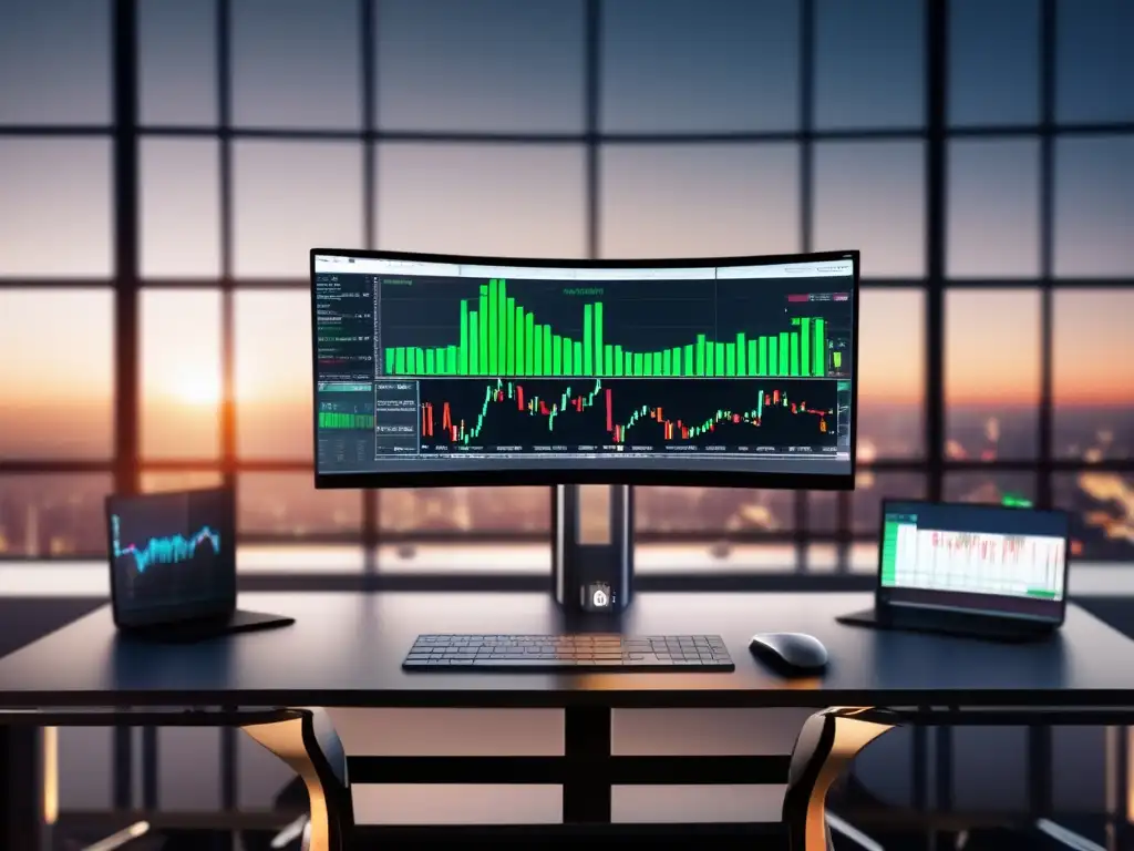 Trading desk con Bollinger Bands en mercado volátil Beneficios de Bollinger Bands en mercados volátiles: Trading desk moderno con monitor curvo, gráfica de trading en tiempo real y ambiente profesional