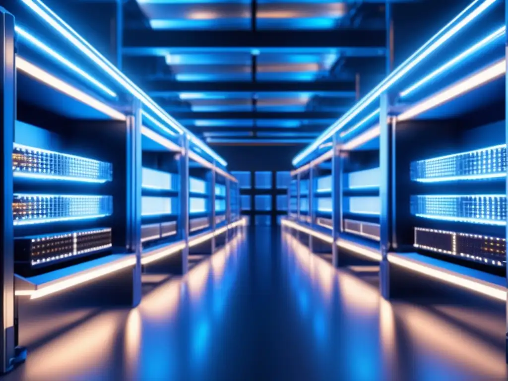 Futuro de la minería de criptomonedas Beneficios de la minería de criptomonedas en una granja futurista de minería, con detalles ultradetallados, LED azul y rigs metálicos avanzados