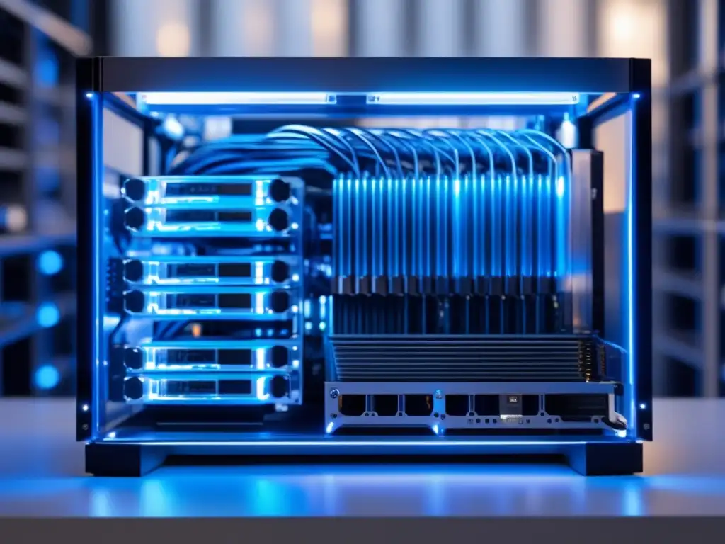Rig minero: diseño futurista, tarjetas gráficas de alta gama y eficiencia Beneficios de la minería de criptomonedas: imagen de rig de minería 8k con diseño futurista y tarjetas gráficas de alta gama