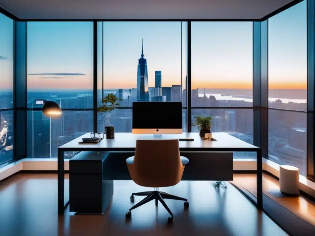 Oficina moderna con vista impresionante Beneficios de invertir con Acorns: Moderna oficina minimalista con vista panorámica de la ciudad y muebles contemporáneos