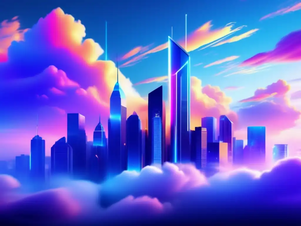 Ciudad futurista en la nube Beneficios cloud computing: ciudad futurista, nube vibrante, eficiencia, conexión, transformación (110 caracteres)
