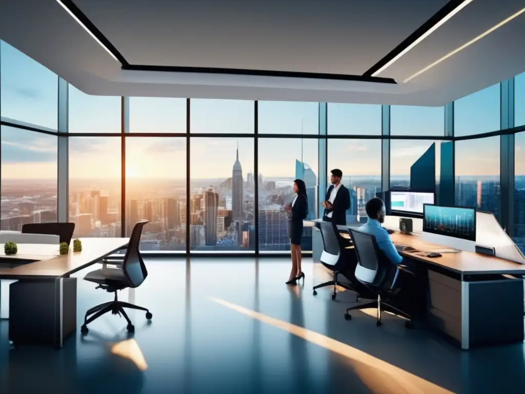 Moderna oficina con tecnología avanzada y expertos trabajando juntos Beneficios: Oficina moderna, tecnología avanzada y equipo diverso trabajando con RoboAdvisors en inversiones