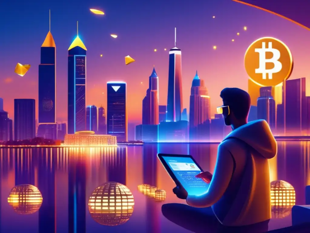 Futurista ciudad con rascacielos, Bitcoin y oro Beneficios de diversificar en oro y bitcoin: ciudad futurista, rascacielos, luces, persona con tablet mostrando precios en tiempo real
