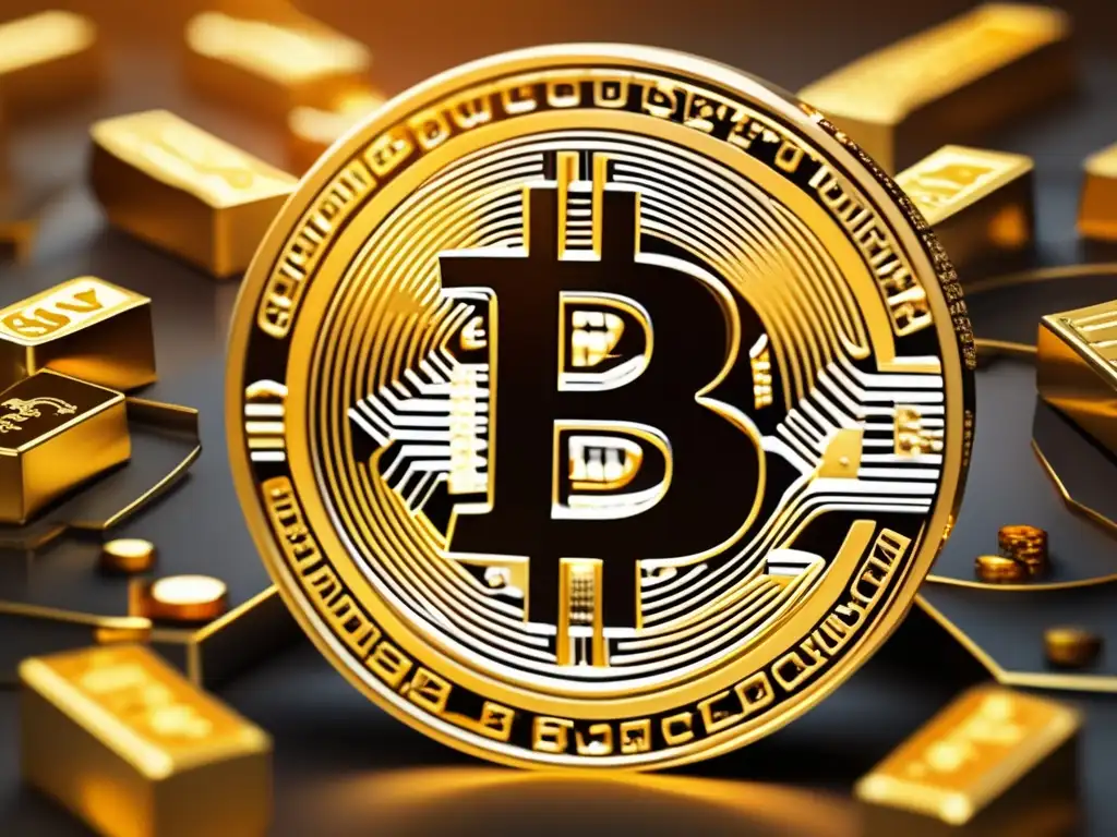 Fusión de oro y Bitcoin en una imagen impactante Beneficios de diversificar en oro y Bitcoin: imagen moderna con símbolo dorado de Bitcoin rodeado de barras y monedas de oro