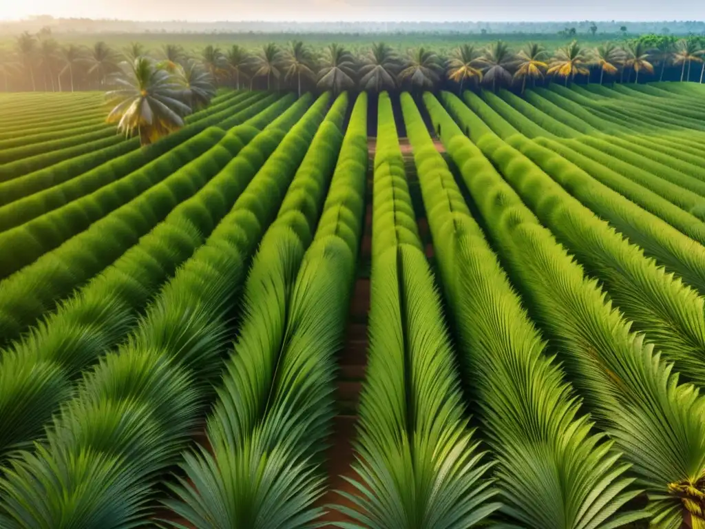 Plantación de palma de aceite dorada Beneficios de invertir en palma de aceite: Plantación de palma de aceite en 8K, exuberante y bañada por la luz dorada del sol