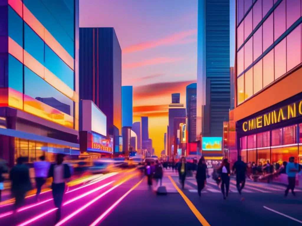 Avenida comercial vibrante al atardecer Beneficios inversión en propiedades comerciales: ciudad atardecer con edificios modernos, gente, autos, letreros neon