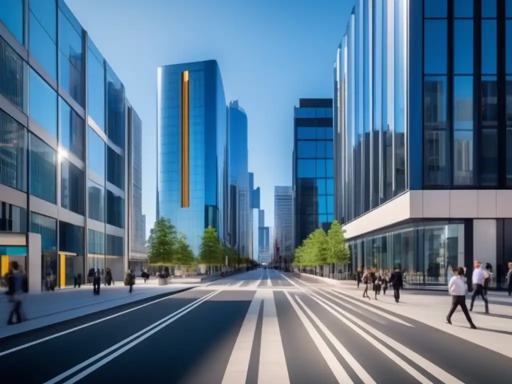 Calle comercial moderna y vibrante Beneficios de invertir en propiedades comerciales: Imagen de calle comercial moderna y próspera