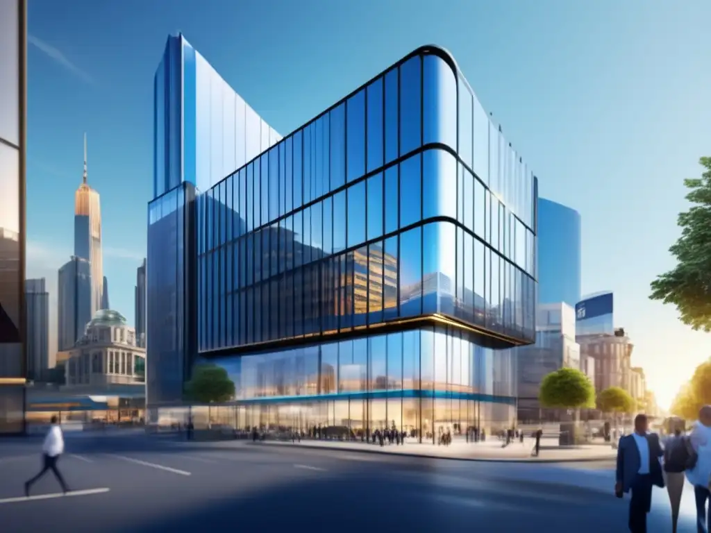 Propiedad comercial moderna con vidrios elegantes y una calle bulliciosa Beneficios de invertir en propiedades comerciales: Imagen 8k de edificio moderno con exteriores de vidrio y calle concurrida