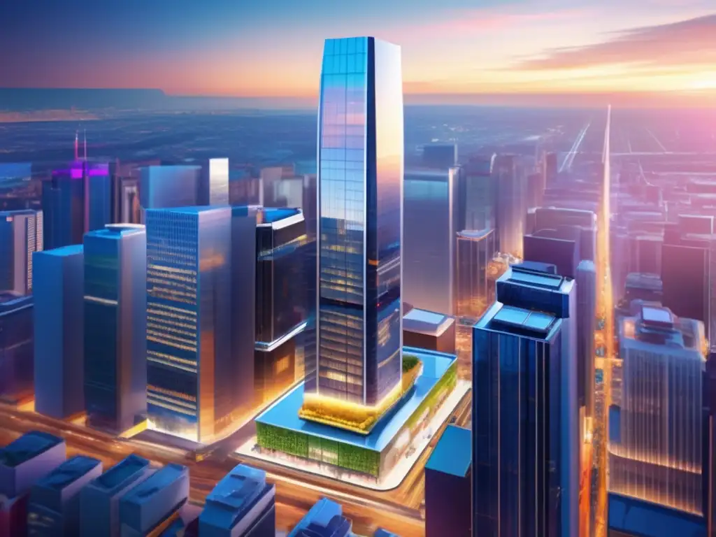 Edificio comercial moderno en ciudad vibrante Beneficios invertir en propiedades comerciales: moderno edificio comercial rodeado de ciudad animada, reflejando éxito y crecimiento empresarial