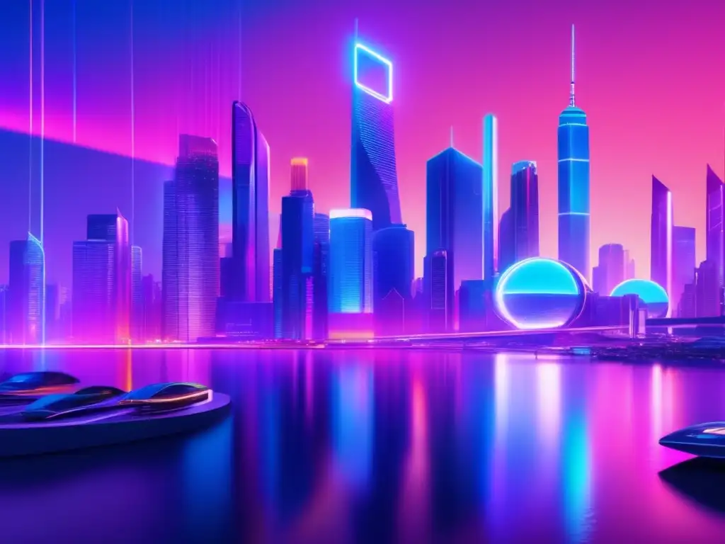 Futuro urbano con NFT y AR Beneficios y regulaciones de NFTs en una ciudad futurista con tecnología avanzada