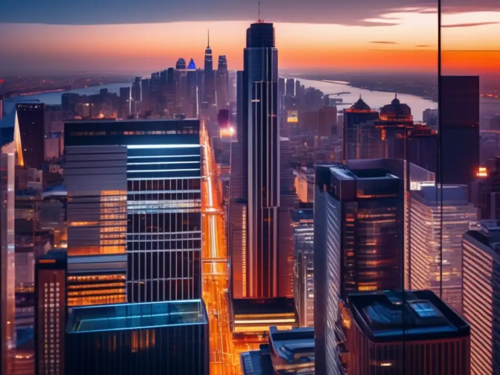 Moderna ciudad al atardecer con rascacielos Beneficios residenciales en una moderna ciudad de rascacielos al atardecer