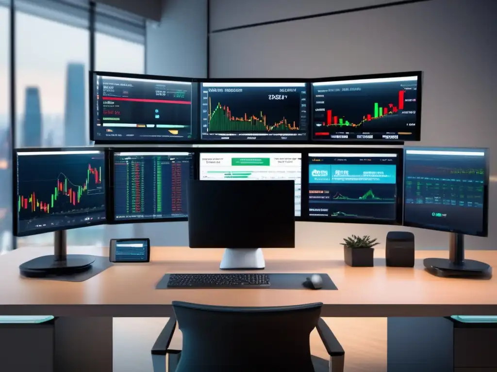 Estación de trading con gráficos de stock y datos financieros Beneficios del SAR Parabólico en inversiones: estación de trading moderna con múltiples pantallas mostrando gráficos detallados y datos financieros