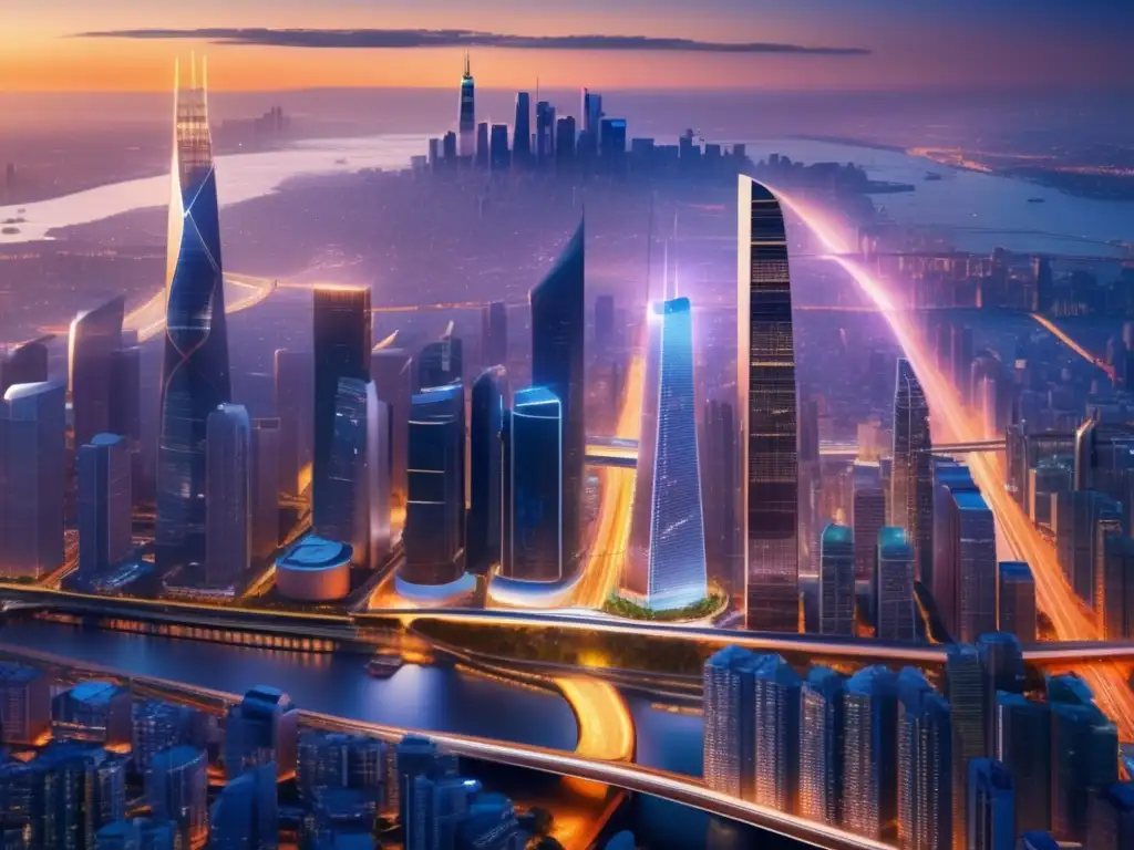 Ciudad futurista con rascacielos brillantes Beneficios seguros inversión: Futura ciudad 8k con rascacielos altos, tecnología, infraestructura y progreso