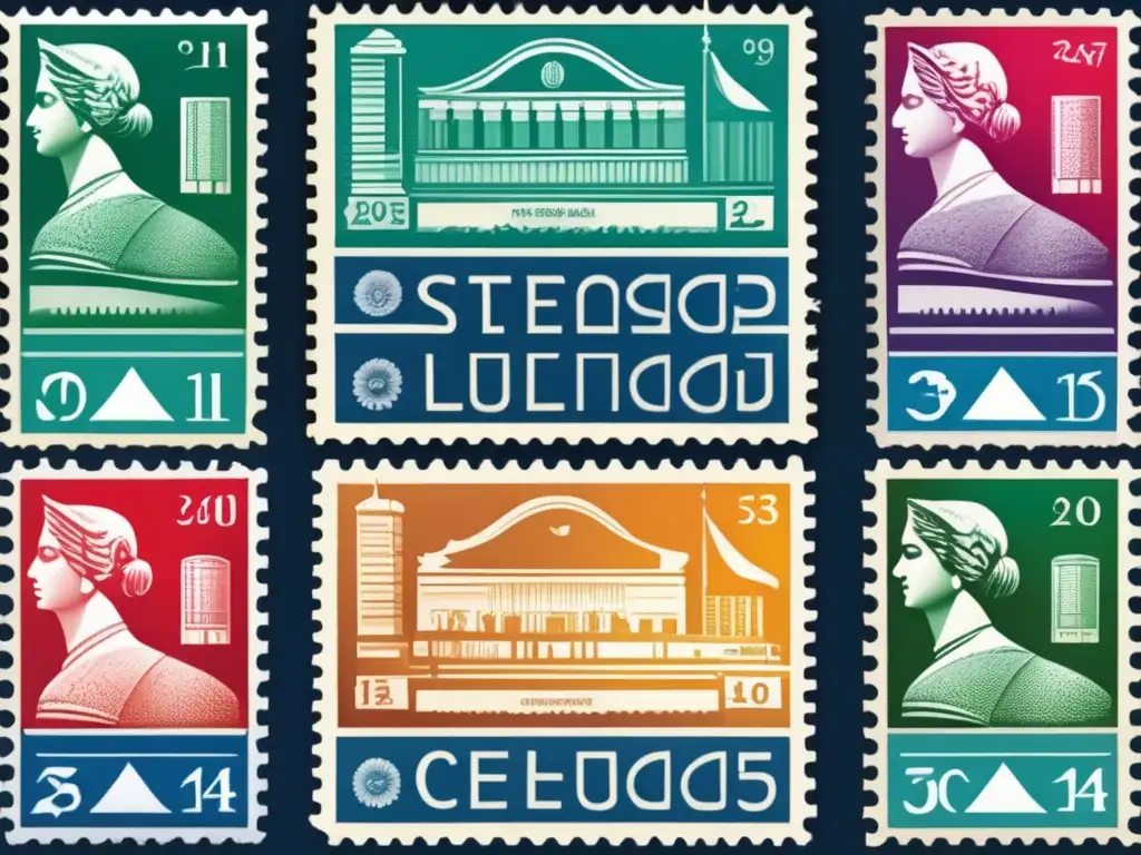 Estampas de colección valiosas en fondo moderno Beneficios de invertir en sellos postales: colección detallada de sellos raros y valiosos en un fondo moderno, destacando su diseño y colorido