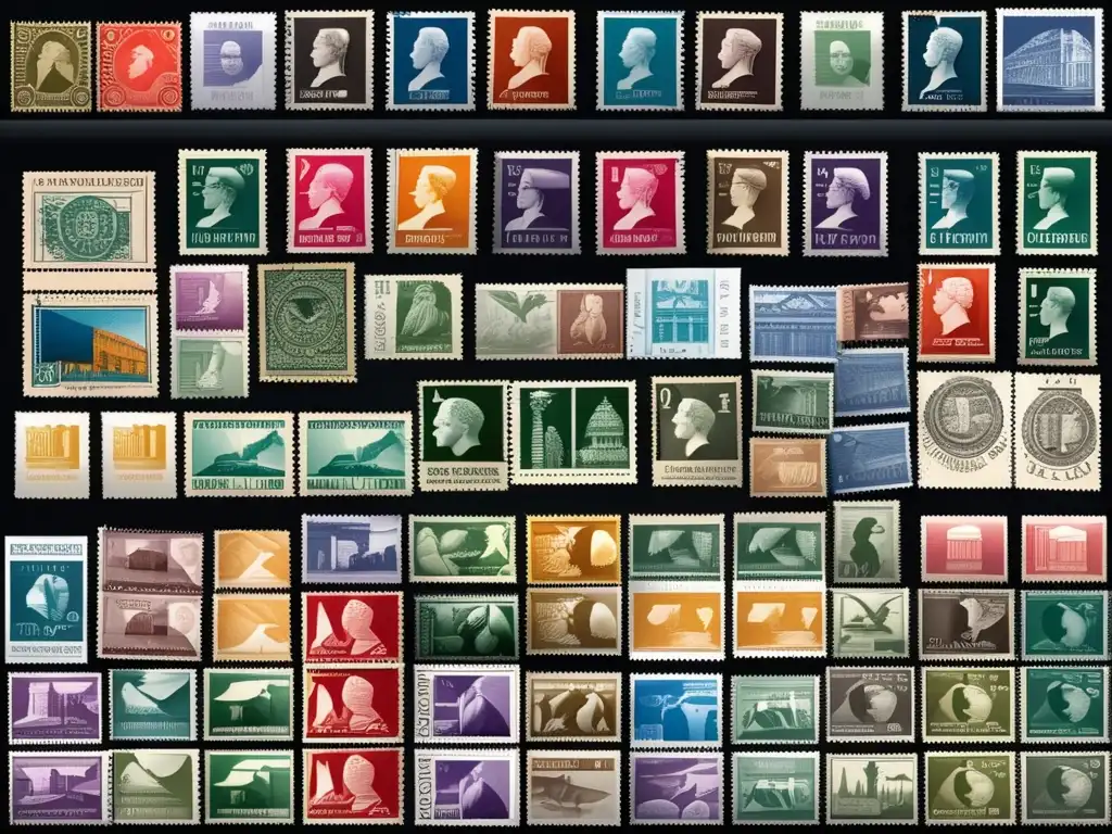 Colección variada de sellos de correo en un fondo negro elegante Beneficios invertir en sellos postales: Colección diversa y detallada de sellos en fondo negro elegante, muestra colores, diseños y países de origen