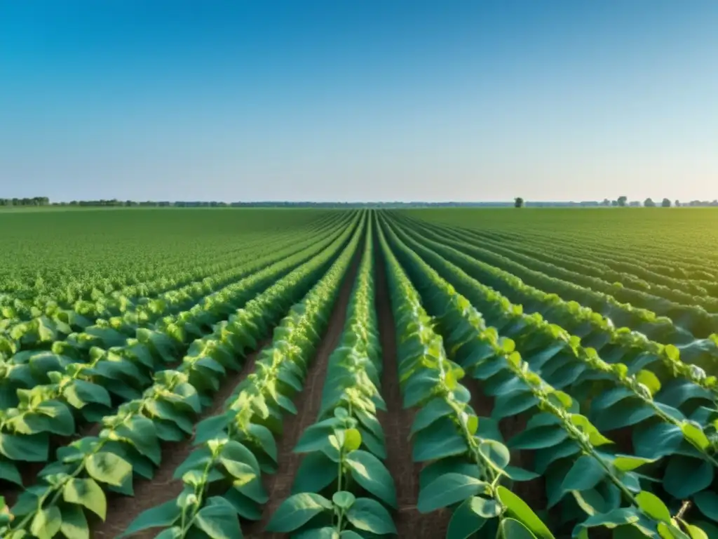 Campo de soja verde vibrante bajo cielo azul claro Beneficios invertir en soja: campo vibrante de soja 8K, abundante y fresca, con maquinaria agrícola moderna