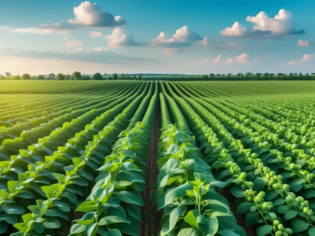 Campo de soja exuberante, abundante y rentable Beneficios de invertir en soja para tu cartera: campo de soja en 8k con plantas verdes y cielo azul