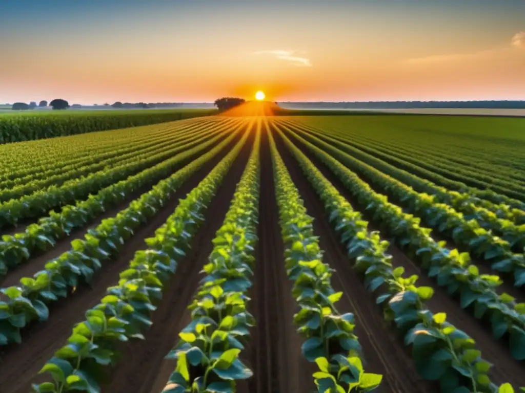 Moderna granja de soja al atardecer Beneficios invertir en soja: granja moderna con campos extensos, tecnología avanzada y demanda global