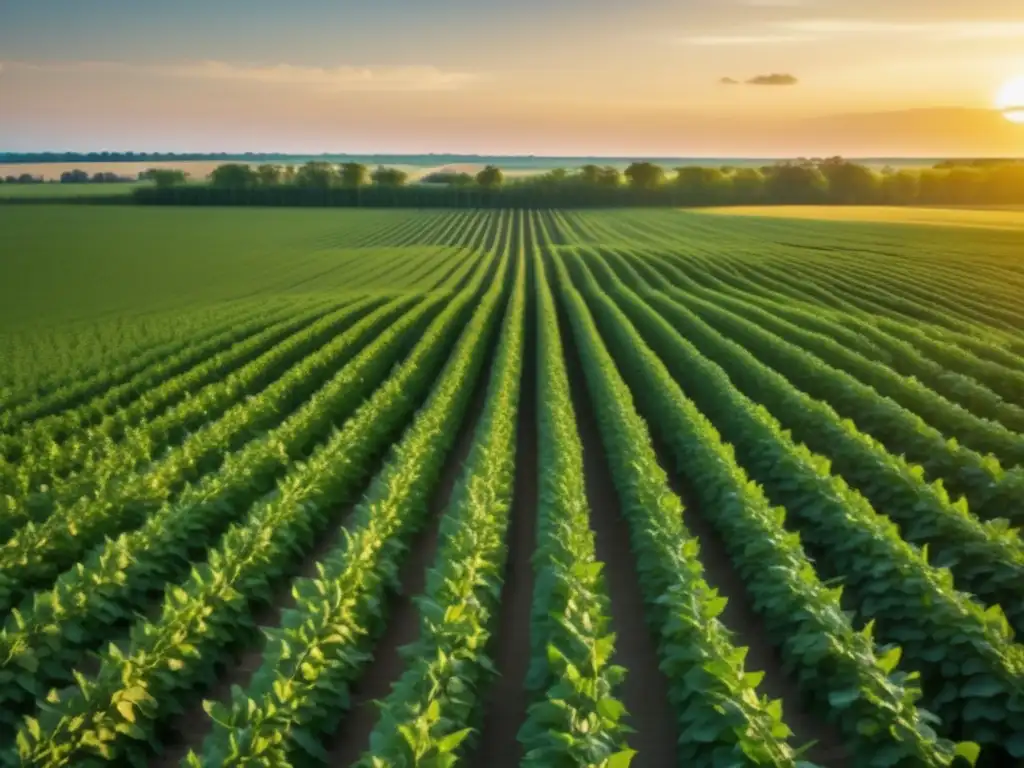 Próspero campo de soja verde (50 caracteres) Beneficios de invertir en soja: una imagen impresionante en 8k que muestra un campo de soja verde exuberante, bañado por la cálida luz del atardecer