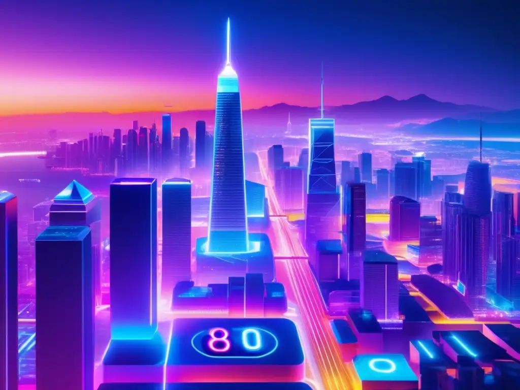 Ciudad futurista iluminada por luces de neón Beneficios staking criptomonedas: Futurista ciudad cripto iluminada, arquitectura moderna, rascacielos reflejan tecnología avanzada